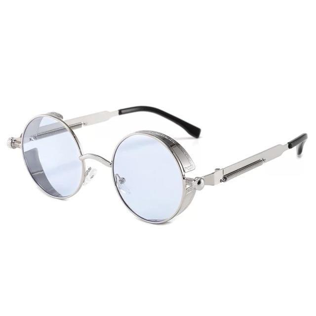 Sunglasses Stevvex with round metal frame, silver rims and blue-tinted lenses, UV400 on Tampa Home & Garden Store
