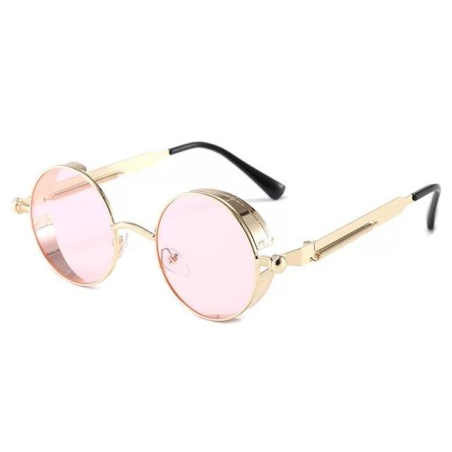 Stevvex round metal sunglasses with gold frame and pink lenses UV400 unisex on Tampa Home & Garden Store