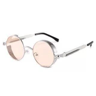 Stevvex round metal sunglasses with pink lenses, silver frame and clear nose pads on Tampa Home & Garden Store