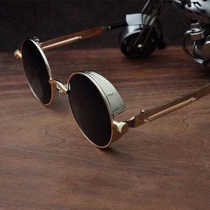 Stevvex round metal-frame sunglasses with black lenses and gold-tone rims on Tampa Home & Garden Store