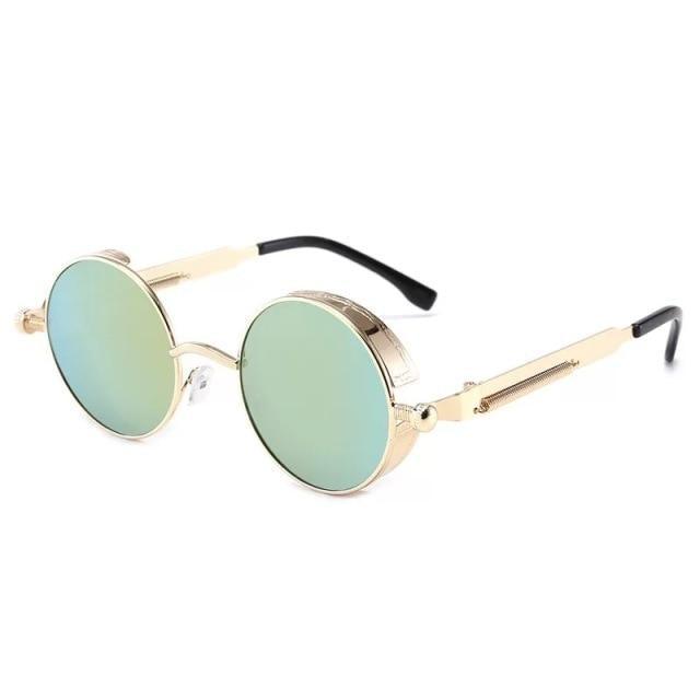 Stevvex round metal-frame sunglasses with gold-tone frame and green mirrored lenses on Tampa Home & Garden Store