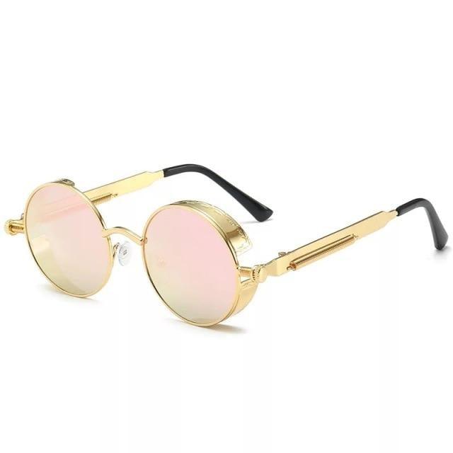 Stevvex round metal sunglasses gold frame pink mirrored lenses UV400 on Tampa Home & Garden Store