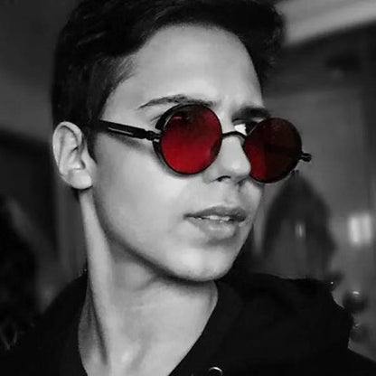 Stevvex round metal frame sunglasses red lenses UV400 on model on Tampa Home & Garden Store