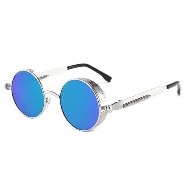 Stevvex round metal sunglasses with blue mirrored lenses, UV400, retro designer frame on Tampa Home & Garden Store