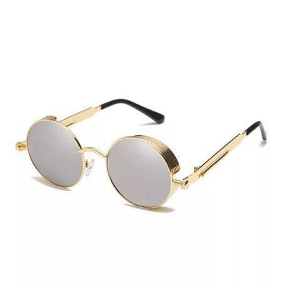 Round metal frame sunglasses in gold with gray reflective lenses Stevvex on Tampa Home & Garden Store