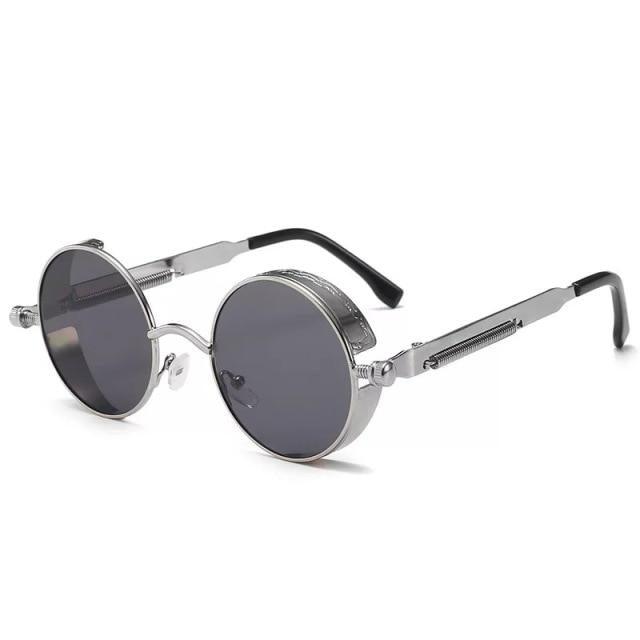 Stevvex round metal sunglasses with UV400, silver frame and dark gray lenses on Tampa Home & Garden Store