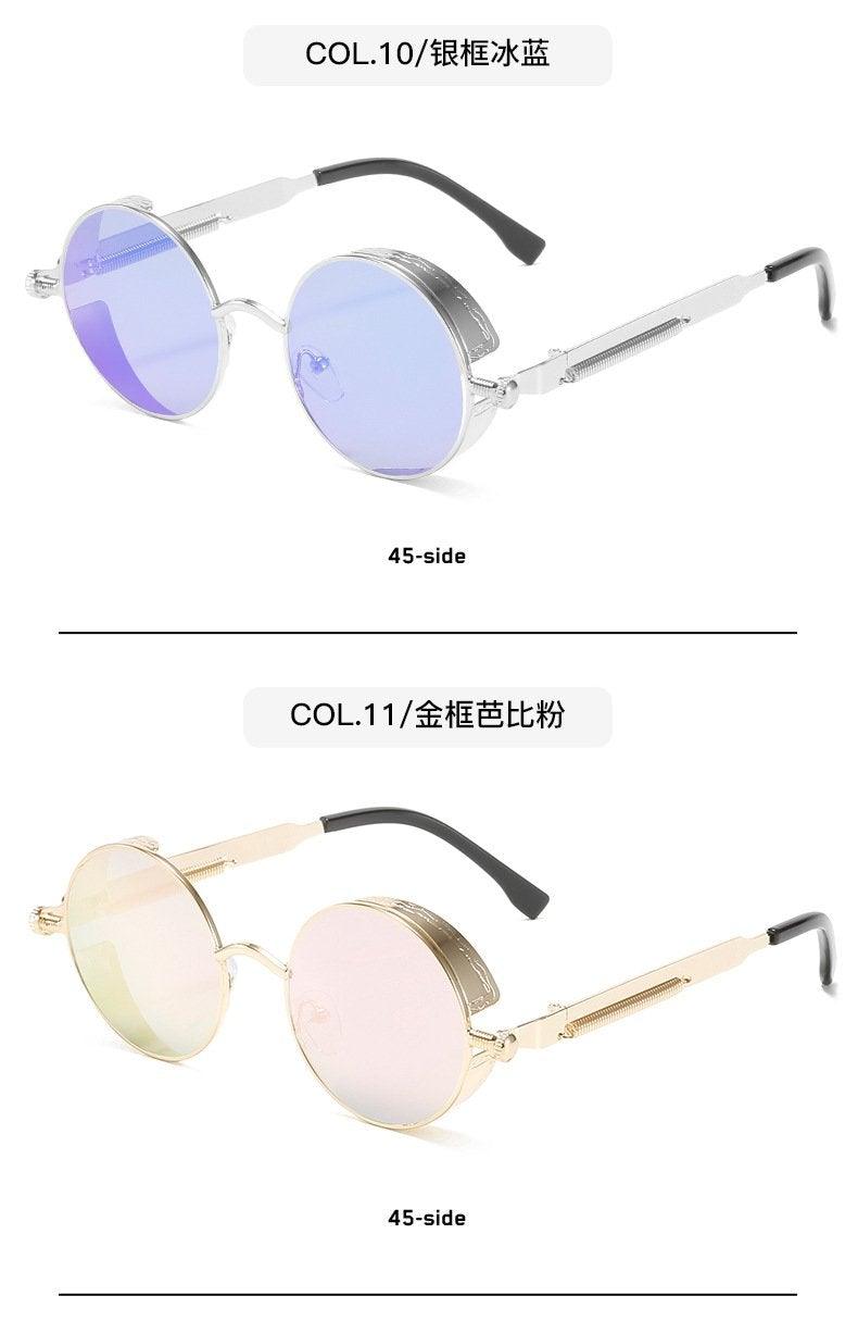 Stevvex round metal sunglasses, silver and gold frames with blue and pink lenses, 2 pairs on Tampa Home & Garden Store