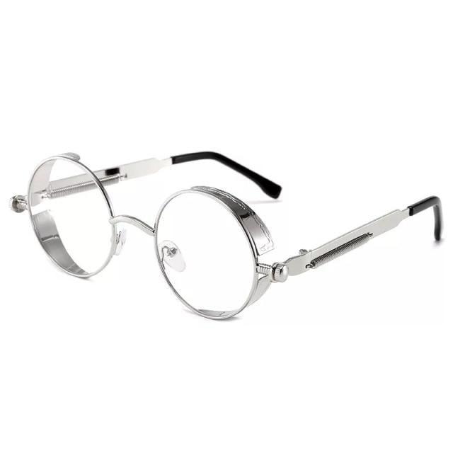 Round metal frame sunglasses with silver finish, clear lenses, adjustable nose pads on Tampa Home & Garden Store