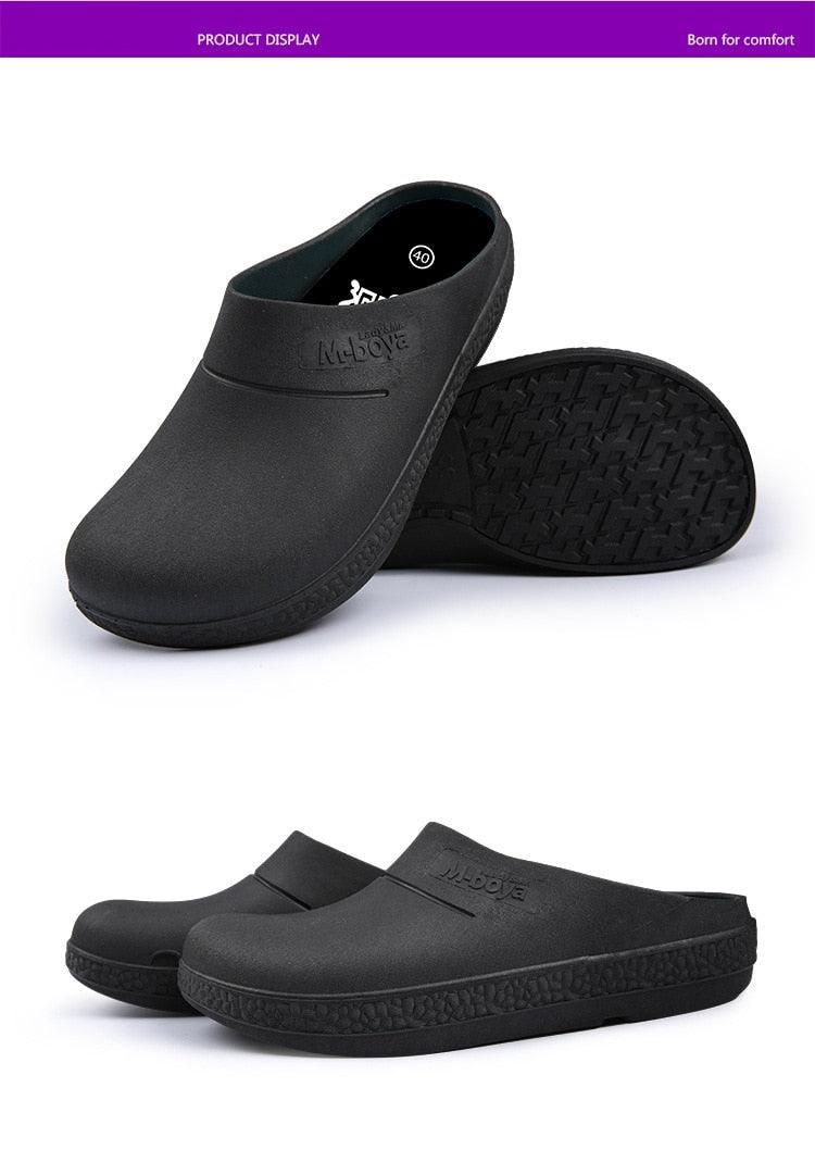 Stevvex black non-slip waterproof kitchen slippers with closed toe and textured outsole pair on Tampa Home & Garden Store