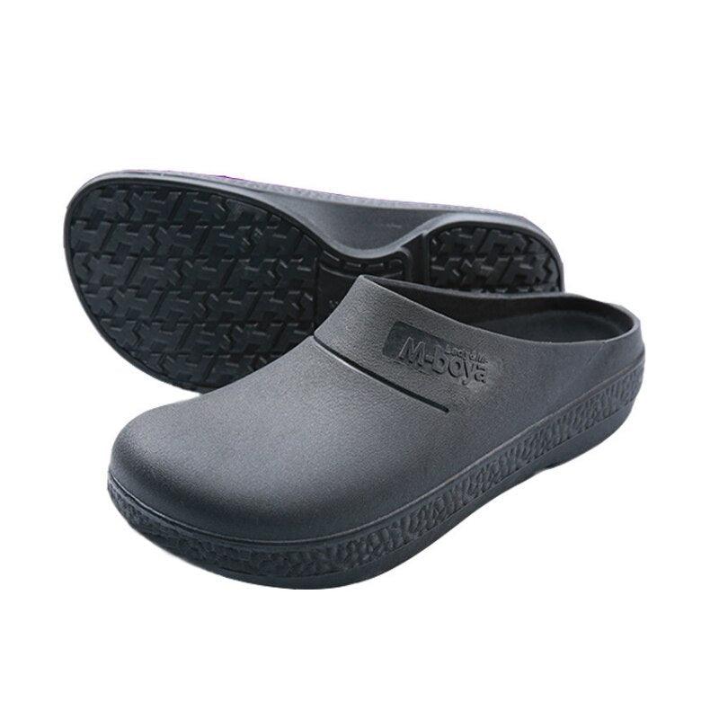 Stevvex black non-slip waterproof kitchen slippers, slip-on clogs with textured sole pair on Tampa Home & Garden Store