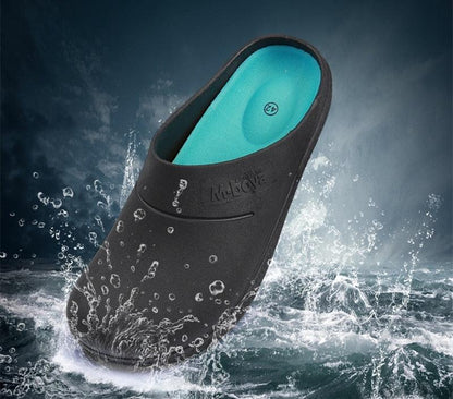 Stevvex kitchen slippers non-slip waterproof black with teal insole on Tampa Home & Garden Store