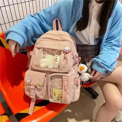 Nylon pink large capacity waterproof school backpack Stevvex with clear vinyl pockets on Tampa Home & Garden Store
