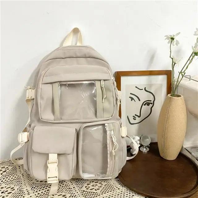 Stevvex nylon large-capacity waterproof school backpack in beige with multiple zip pockets on Tampa Home & Garden Store