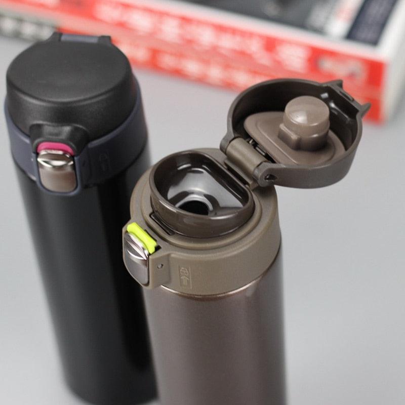 Stevvex 2pc stainless steel thermos bottle, black and tan, flip-lid portable vacuum flask on Tampa Home & Garden Store