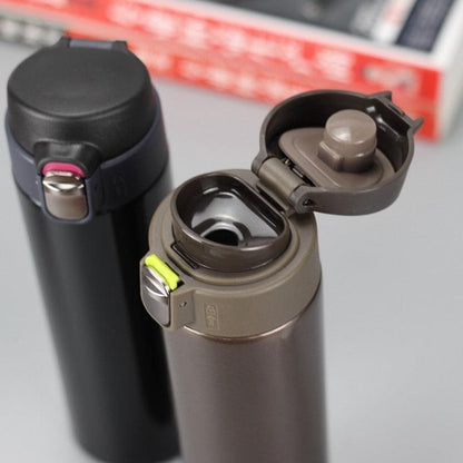 Stevvex 2pc stainless steel thermos bottle, black and tan, flip-lid portable vacuum flask on Tampa Home & Garden Store