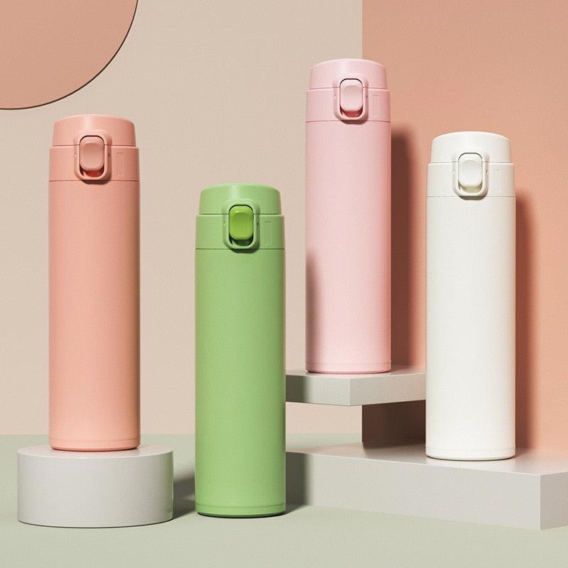 Stevvex steel thermos bottle four pastel pink peach green white with push lid vacuum mugs on Tampa Home & Garden Store