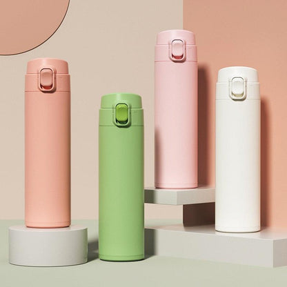 Stevvex steel thermos bottle four pastel pink peach green white with push lid vacuum mugs on Tampa Home & Garden Store