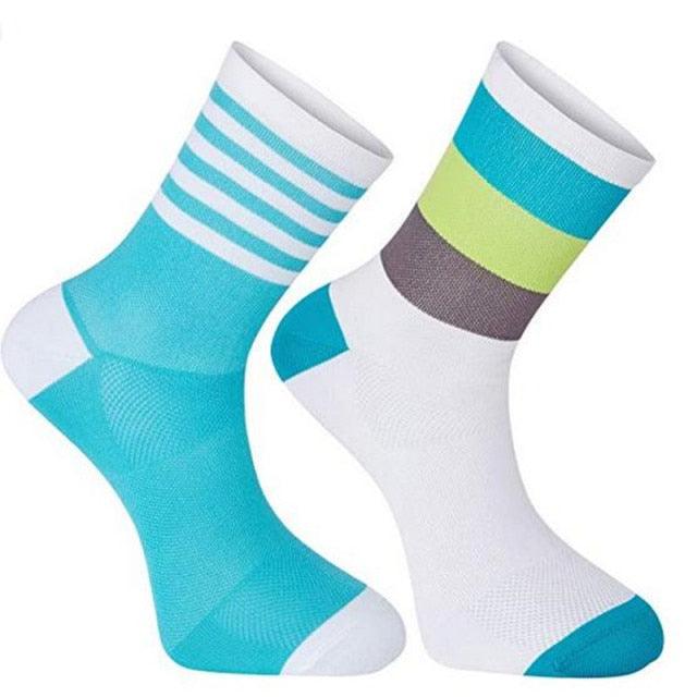 Stevvex Pro Team cycling socks, breathable road bike socks, turquoise/white striped pair on Tampa Home & Garden Store