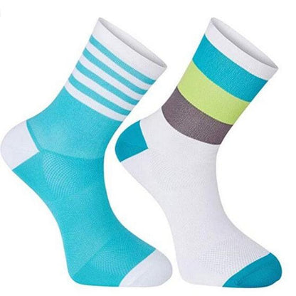 Stevvex Pro Team cycling socks, breathable road bike socks, turquoise/white striped pair on Tampa Home & Garden Store