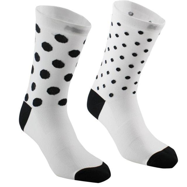 Stevvex cycling socks white with black polka dots, pair road bike socks with black toe caps on Tampa Home & Garden Store