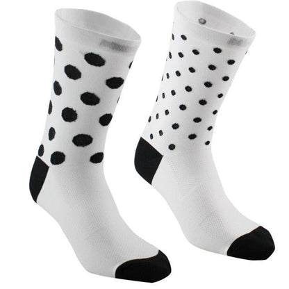 Stevvex cycling socks white with black polka dots, pair road bike socks with black toe caps on Tampa Home & Garden Store