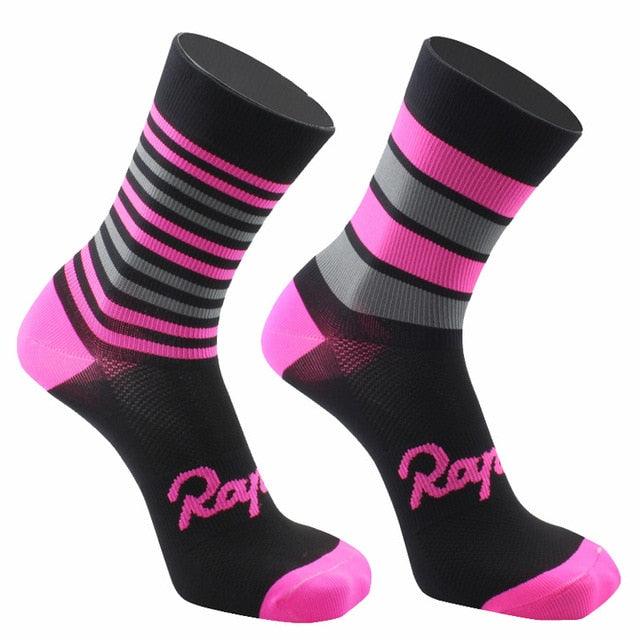 Pro Team cycling socks pair, black with pink toes and heels and pink-gray cuffs, breathable on Tampa Home & Garden Store