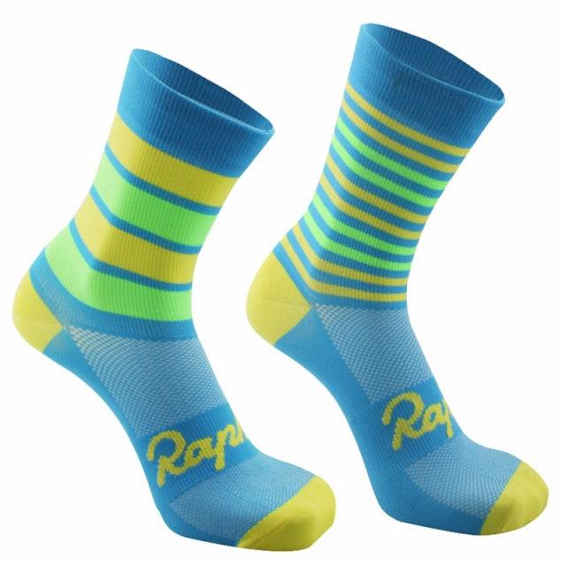 Stevvex Pro Team cycling socks, breathable blue neon striped road bike socks for men and women on Tampa Home & Garden Store