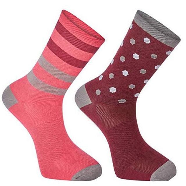 Stevvex Pro Team cycling socks two socks pink stripes burgundy dots breathable road socks on Tampa Home & Garden Store