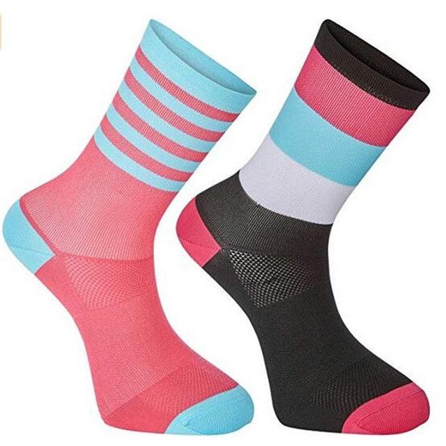 Stevvex socks pink with blue stripes and black with pink/blue bands breathable racing socks on Tampa Home & Garden Store
