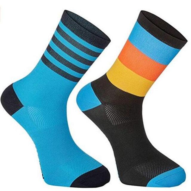 Stevvex cycling socks pair, blue solid and black striped, breathable road bike socks on Tampa Home & Garden Store