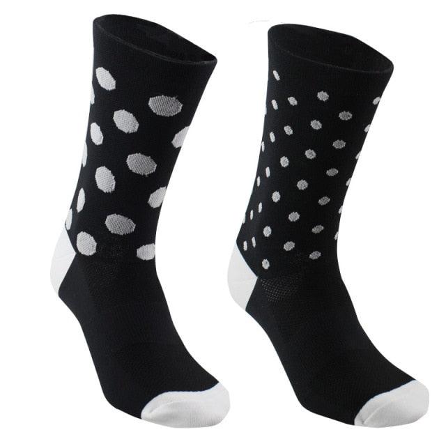 Stevvex Pro Team cycling socks, black with white polka dots, breathable bike socks pair on Tampa Home & Garden Store