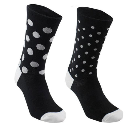 Stevvex Pro Team cycling socks, black with white polka dots, breathable bike socks pair on Tampa Home & Garden Store