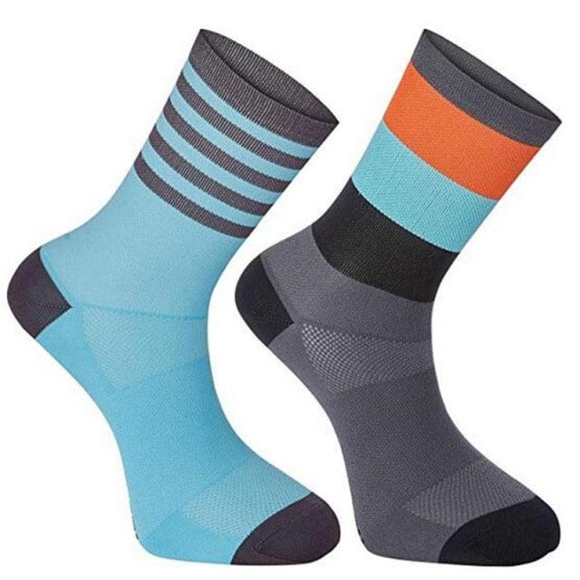 Stevvex cycling socks pair in blue striped and gray with orange teal bands, road socks on Tampa Home & Garden Store