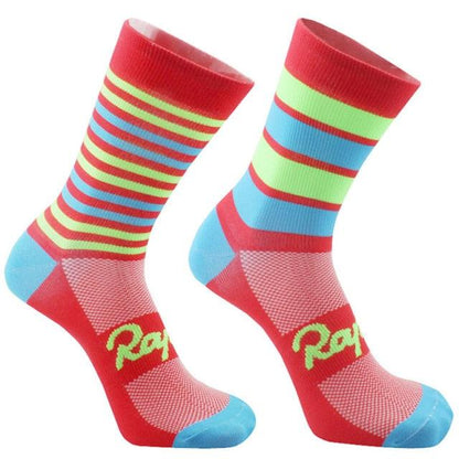 Stevvex Pro Team cycling socks with red, blue and lime green stripes, breathable crew socks on Tampa Home & Garden Store
