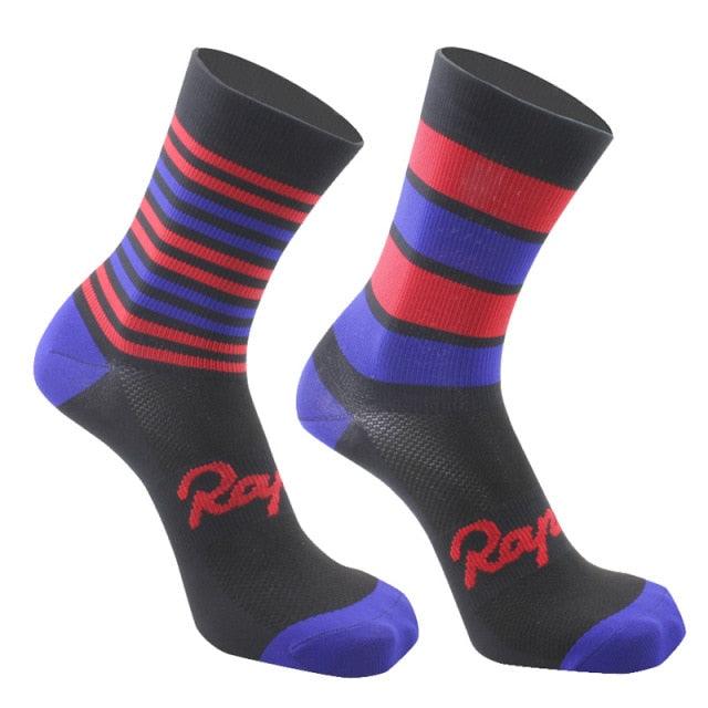 Stevvex Pro Team cycling socks black with red and blue stripes, purple toe and heel, pair on Tampa Home & Garden Store