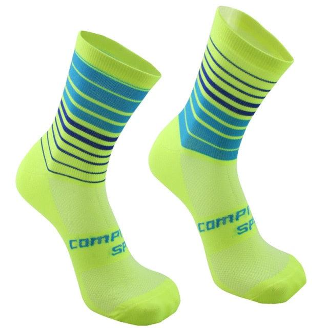 Stevvex Pro Team Cycling Socks neon lime with blue stripes, breathable road bike socks, pair of 2 on Tampa Home & Garden Store