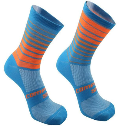 Pro Team cycling socks pair, blue with orange stripes, Stevvex for men and women ST12219AYO on Tampa Home & Garden Store