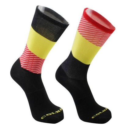 Cycling socks pair with black feet, yellow bands, red striped cuffs, Colmar logo on toe on Tampa Home & Garden Store