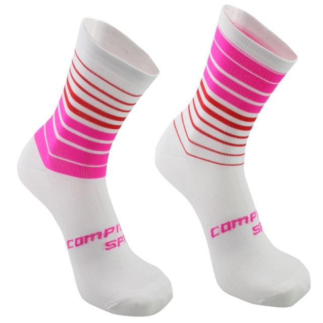 Stevvex Pro Team cycling socks white with pink stripes two socks for men and women on Tampa Home & Garden Store