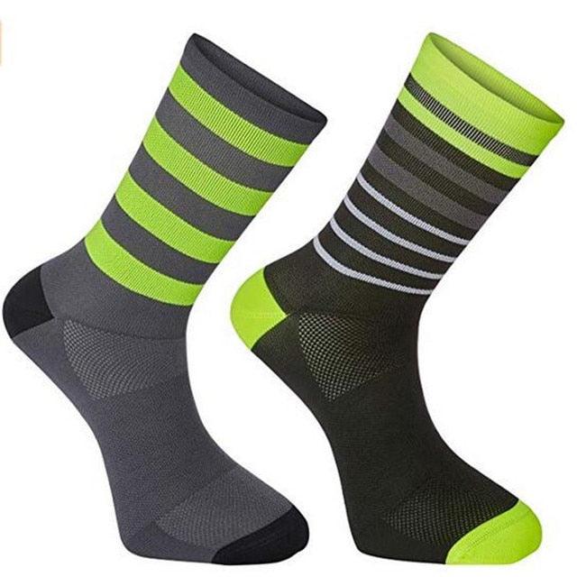 Stevvex Pro Team cycling socks, breathable road bike socks, gray with neon green stripes, 2-pack on Tampa Home & Garden Store
