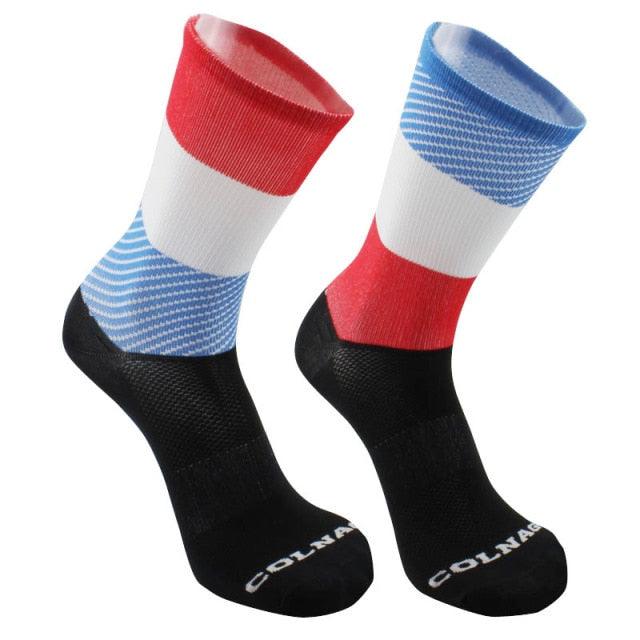 Stevvex Pro Team cycling socks red white blue with black cuffs for men and women pair on Tampa Home & Garden Store