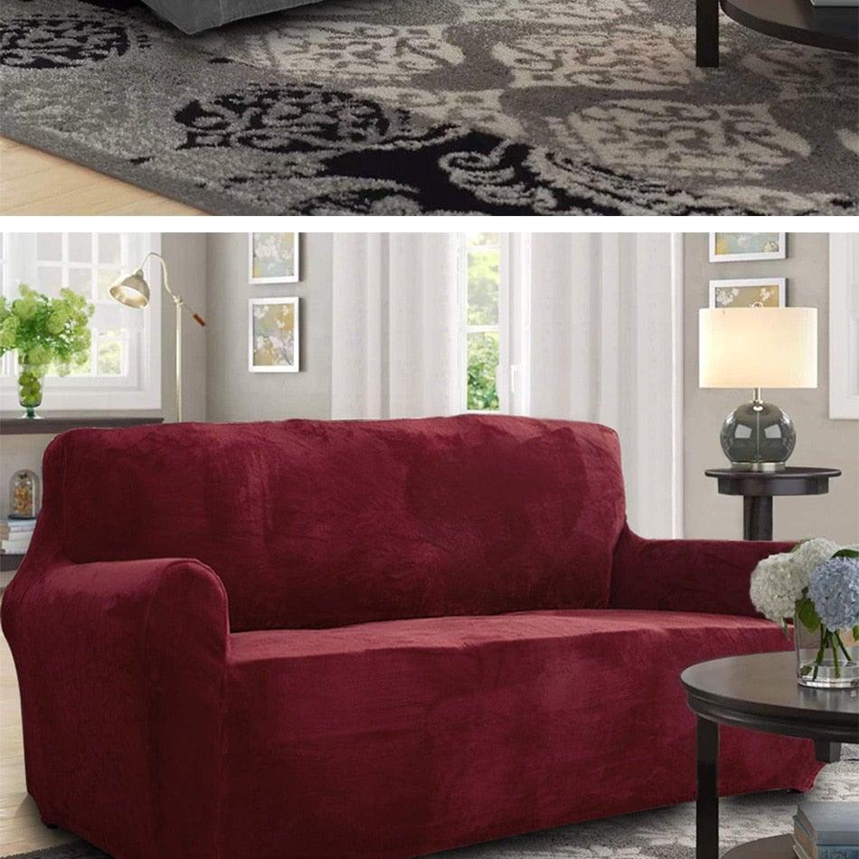 Stevvex velvet sofa slipcover for 3-seat couch in rich red, elastic anti-slip stretch fabric on Tampa Home & Garden Store