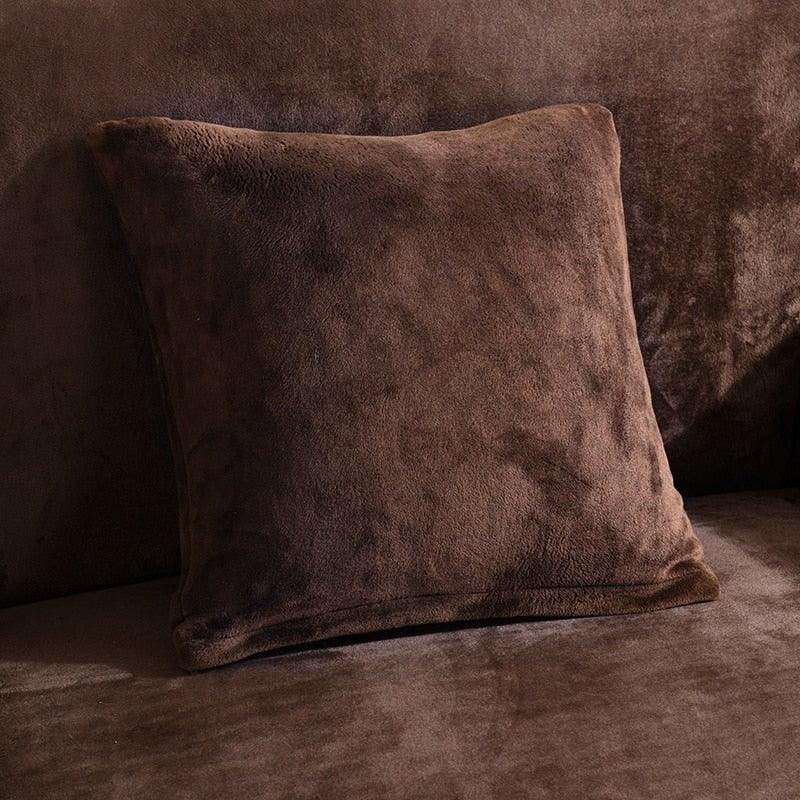Brown velvet plush sofa cushion decorative throw pillow on soft brown couch on Tampa Home & Garden Store