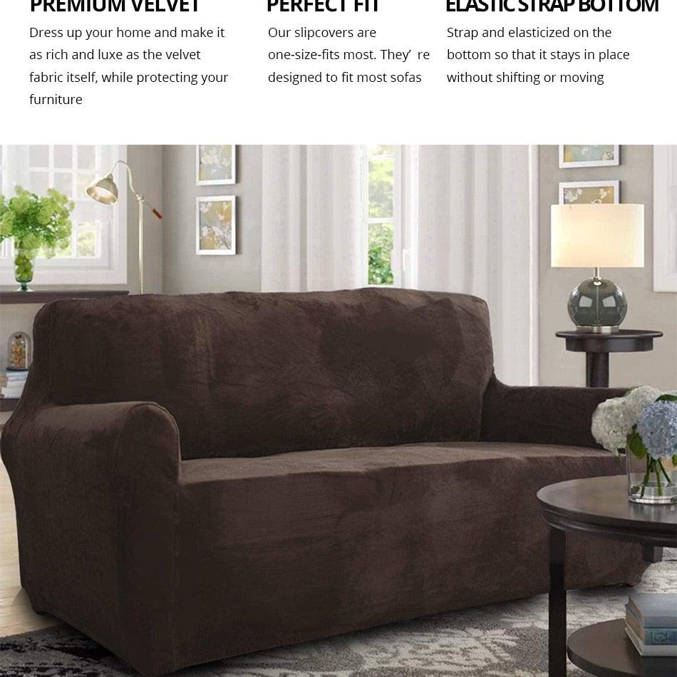 Velvet plush sofa cover in dark brown for living room couch with elastic fit on Tampa Home & Garden Store