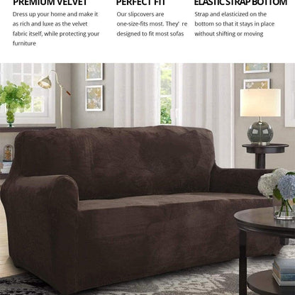 Velvet plush sofa cover in dark brown for living room couch with elastic fit on Tampa Home & Garden Store
