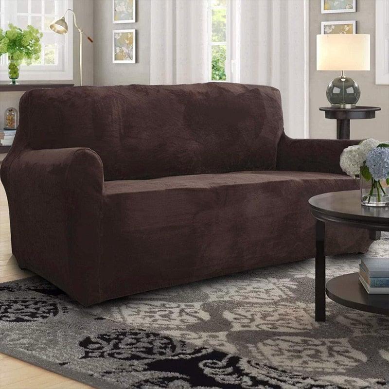 Stevvex velvet stretch sofa slipcover in dark brown on living room couch on Tampa Home & Garden Store