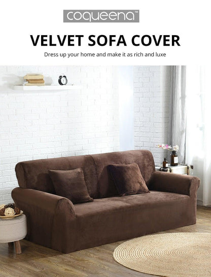 Stevvex velvet sofa cover on brown 3-seat sofa with matching cushions in a bright living room on Tampa Home & Garden Store