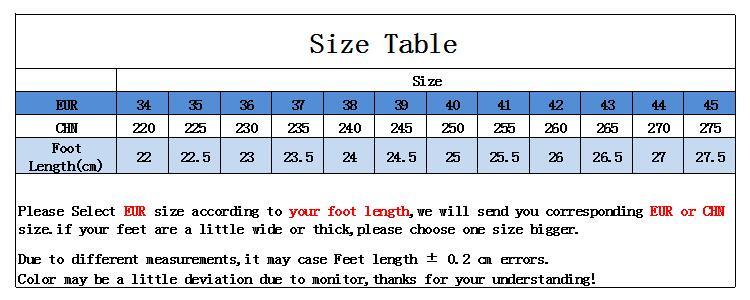 Sandals size table for Stevvex open toe sandals EU34-45 with foot lengths in cm on Tampa Home & Garden Store