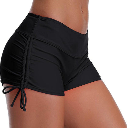 Black high waist bikini bottoms with ruched sides and side ties for full coverage on Tampa Home & Garden Store