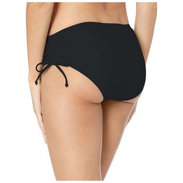 Stevvex black high waist bikini bottoms with side ruching ties for full coverage swimwear on Tampa Home & Garden Store